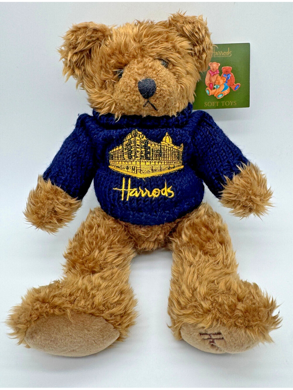 Harrods Knights Bridge Teddy Bear Plush Navy Sweater Gold Logo London Tagged